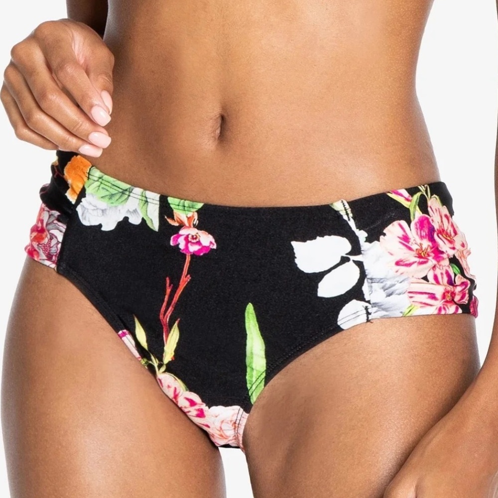 Rachel Roy Ruched-Side Bikini Bottoms Black Pink Floral Small NWT‎